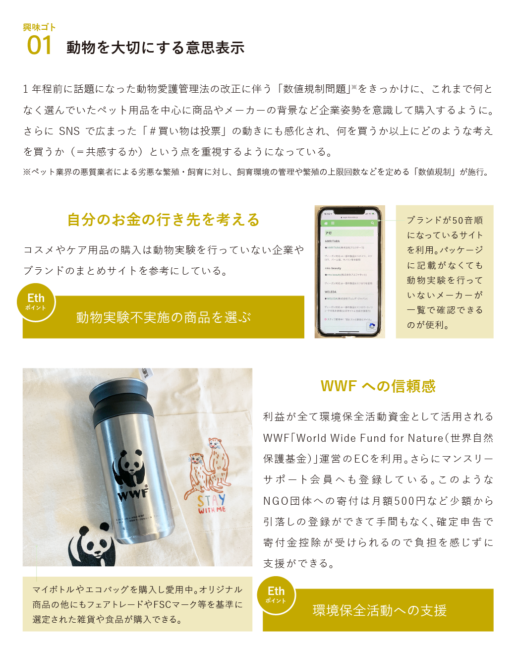 興味ゴト1　動物を大切にする意思表示　1年程前に話題になった動物愛護管理法の改正に伴う「数値規制問題」※をきっかけに、これまで何となく選んでいたペット用品を中心に商品やメーカーの背景など企業姿勢を意識して購入するように。さらにSNSで広まった「＃買い物は投票」の動きにも感化され、何を買うか以上にどのような考えを買うか（＝共感するか）という点を重視するようになっている。 ※ペット業界の悪質業者による劣悪な繁殖・飼育に対し、飼育環境の管理や繁殖の上限回数などを定める「数値規制」が施行。　